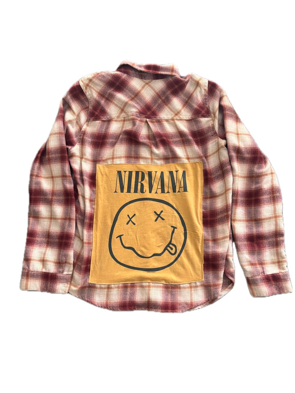 NIRVANA Upcycled Burgundy and Cream Plaid Flannel Concert Shirt with Gold Patch